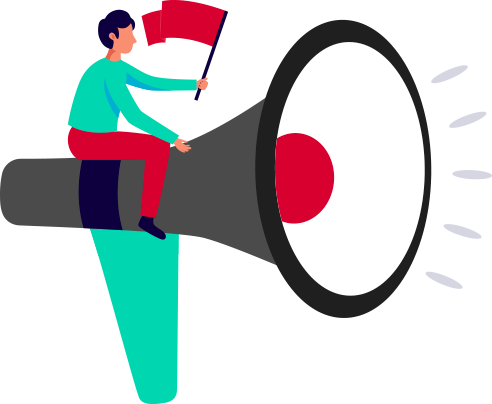 Personnage brandissant un drapeau, assis sur un mégaphone